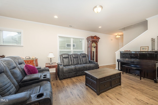 1204 E Rosedale Creek Dr, Durham, NC 27703 - living area with crown molding, light wood-style flooring, stairway, and recessed lighting
