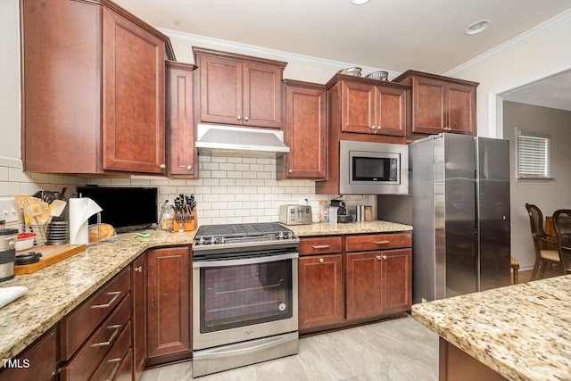 1204 E Rosedale Creek Dr, Durham, NC 27703 - kitchen with stainless steel appliances, under cabinet range hood, backsplash, light stone counters, and ornamental molding