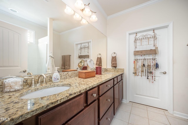 1204 E Rosedale Creek Dr, Durham, NC 27703 - full bath with double vanity, crown molding, and tile patterned flooring