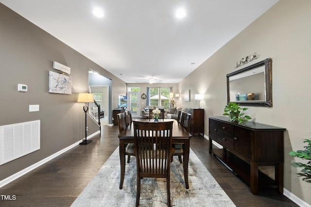 605 Smallwood Dr, Durham, NC 27703 - dining area with dark wood-style flooring and a ceiling fan