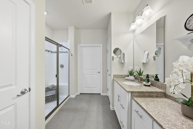 605 Smallwood Dr, Durham, NC 27703 - bathroom with a shower stall, vanity, and tile patterned flooring