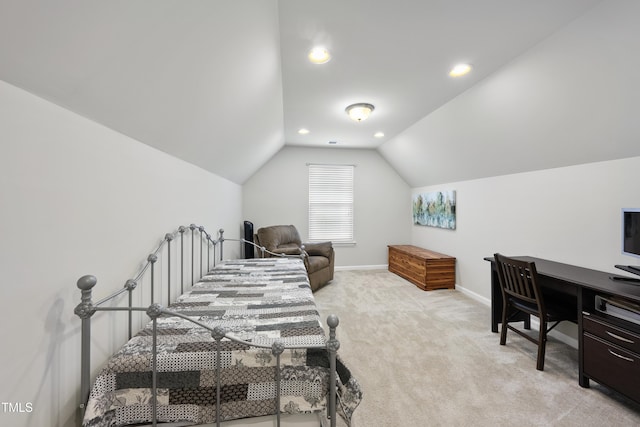 605 Smallwood Dr, Durham, NC 27703 - bedroom with light colored carpet, lofted ceiling, recessed lighting, and an office area