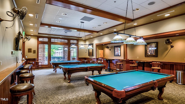 575 Tomkins Loop, Cary, NC 27519 - recreation room featuring carpet, billiards table, a wainscoted wall, a bar, and a decorative wall