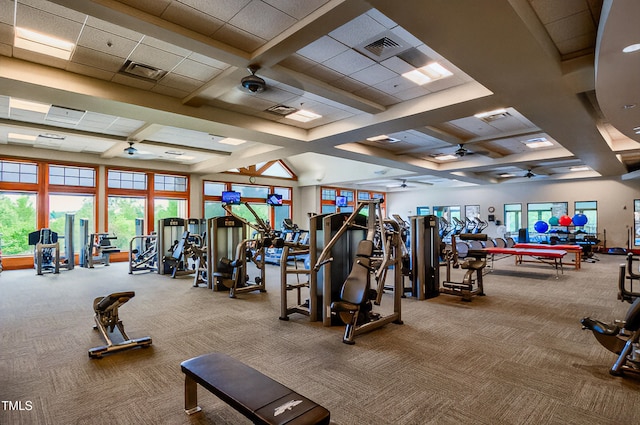 575 Tomkins Loop, Cary, NC 27519 - gym featuring carpet floors, beam ceiling, coffered ceiling, and a ceiling fan