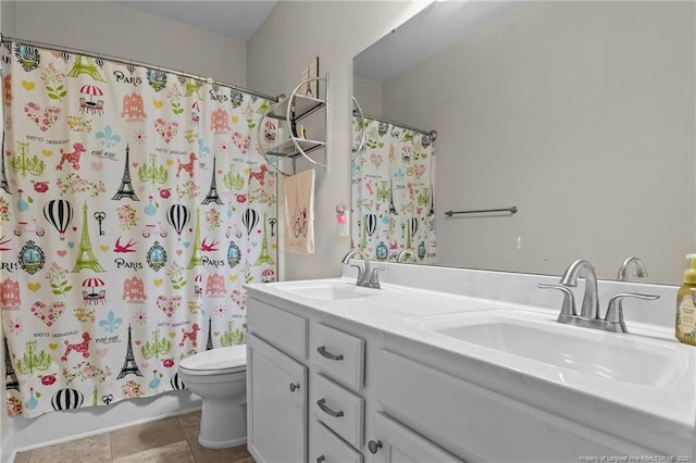 4817 Kiara Dr, Hope Mills, NC 28348 - bathroom featuring double vanity, curtained shower, and tile patterned floors