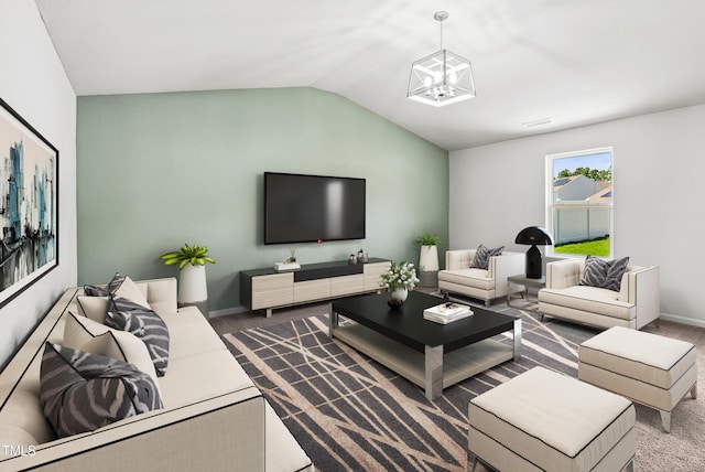 1561 Dorsett Ln, Creedmoor, NC 27522 - carpeted living room with vaulted ceiling and a chandelier