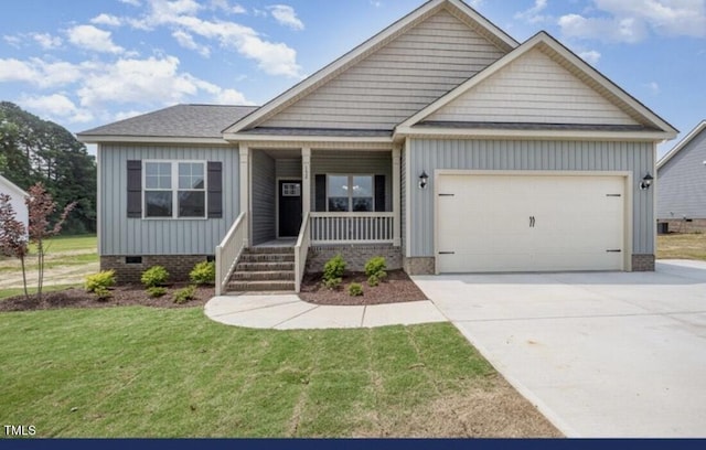 2760 Rains Mill Rd, Princeton, NC 27569 - view of front of house with a porch, an attached garage, concrete driveway, board and batten siding, and a front yard