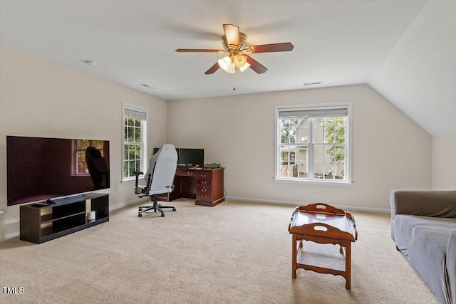 161 Jacob St, Holly Springs, NC 27540 - carpeted home office with ceiling fan and vaulted ceiling