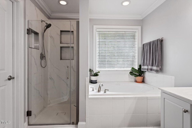 1505 Mclaurin Ln, Fuquay Varina, NC 27526 - bathroom featuring a marble finish shower, a bath, crown molding, vanity, and recessed lighting
