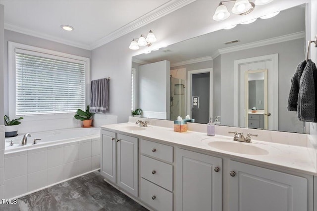 1505 Mclaurin Ln, Fuquay Varina, NC 27526 - bathroom with double vanity, a garden tub, ornamental molding, and a stall shower