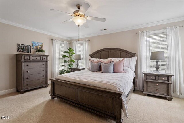 1505 Mclaurin Ln, Fuquay Varina, NC 27526 - bedroom featuring light carpet, multiple windows, crown molding, and a ceiling fan