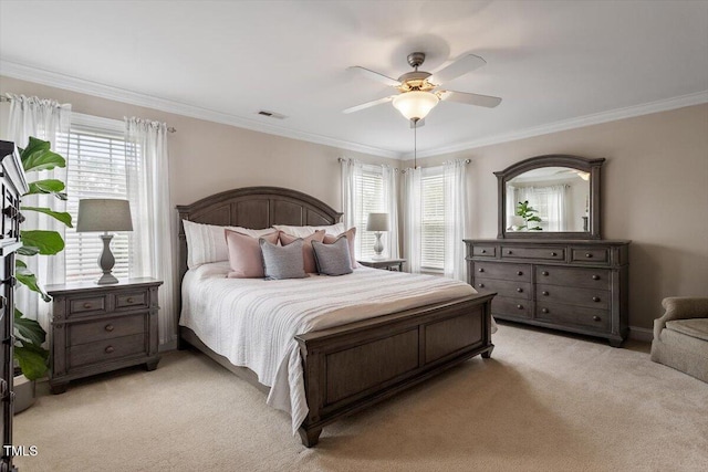 1505 Mclaurin Ln, Fuquay Varina, NC 27526 - bedroom with multiple windows, light colored carpet, crown molding, and ceiling fan