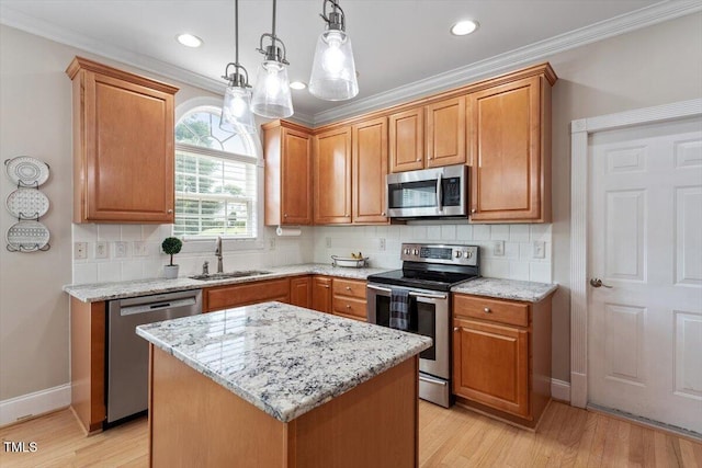 1505 Mclaurin Ln, Fuquay Varina, NC 27526 - kitchen featuring stainless steel appliances, light stone countertops, light wood-type flooring, tasteful backsplash, and crown molding