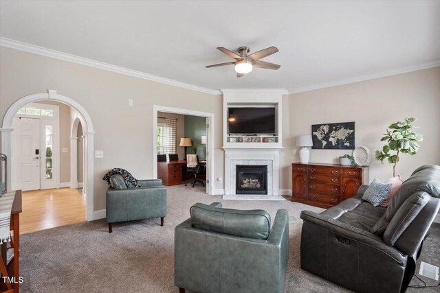 1505 Mclaurin Ln, Fuquay Varina, NC 27526 - living room featuring crown molding, ceiling fan, carpet, arched walkways, and a fireplace