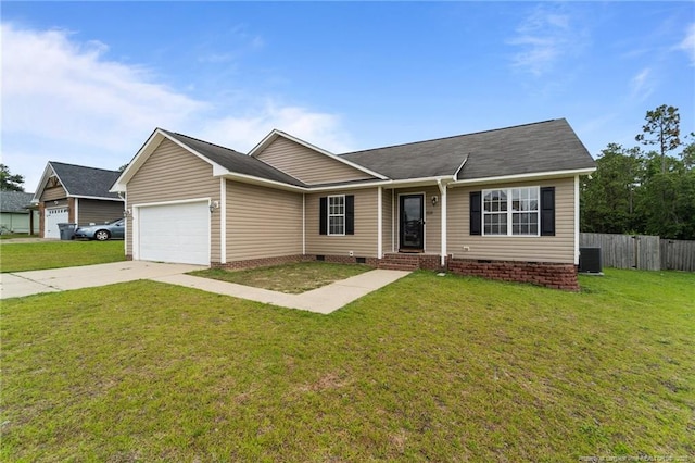 159 Falling Leaf Dr, Raeford, NC 28376 - ranch-style house featuring an attached garage, concrete driveway, crawl space, and roof with shingles