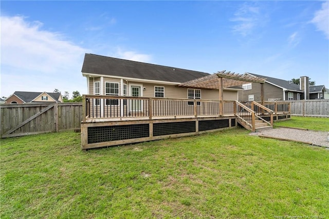 159 Falling Leaf Dr, Raeford, NC 28376 - rear view of property with a pergola, a fenced backyard, and a deck
