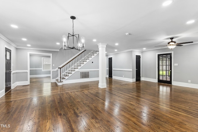 1112 Lakeside Dr NW, Wilson, NC 27896 - unfurnished living room with recessed lighting, crown molding, stairs, dark wood-style floors, and a ceiling fan
