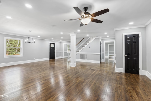 1112 Lakeside Dr NW, Wilson, NC 27896 - unfurnished living room with recessed lighting, ornamental molding, a ceiling fan, hardwood / wood-style flooring, and stairs
