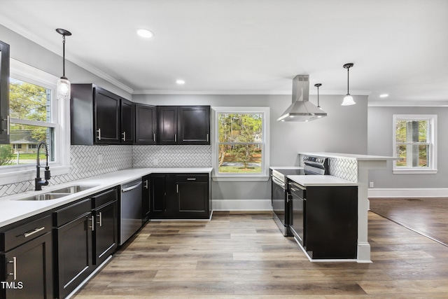 1112 Lakeside Dr NW, Wilson, NC 27896 - kitchen featuring appliances with stainless steel finishes, range hood, a peninsula, light countertops, and crown molding