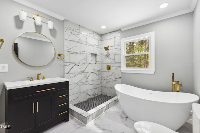 1112 Lakeside Dr NW, Wilson, NC 27896 - bathroom with marble finish flooring, tiled shower, a freestanding bath, vanity, and ornamental molding