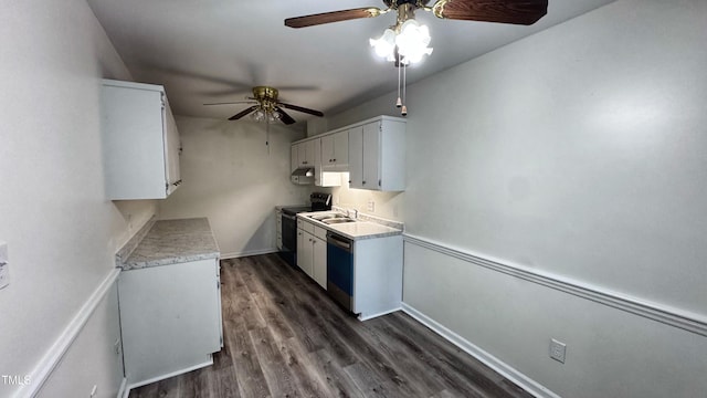 132 Carriage House Trl, Garner, NC 27529 - kitchen featuring electric range oven, ceiling fan, light countertops, white cabinetry, and dishwashing machine