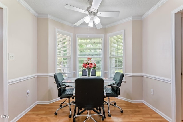 3109 Gold Dust Ln, Willow Springs, NC 27592 - dining room with light wood-type flooring, a ceiling fan, a desk, and crown molding