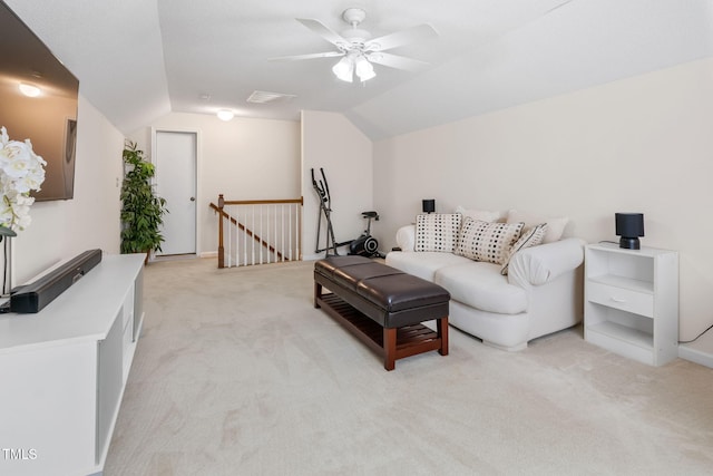3109 Gold Dust Ln, Willow Springs, NC 27592 - living area featuring light carpet, lofted ceiling, and ceiling fan