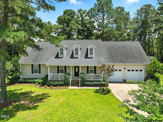 3109 Gold Dust Ln, Willow Springs, NC 27592 - cape cod house with a porch, a shingled roof, a garage, concrete driveway, and a front yard