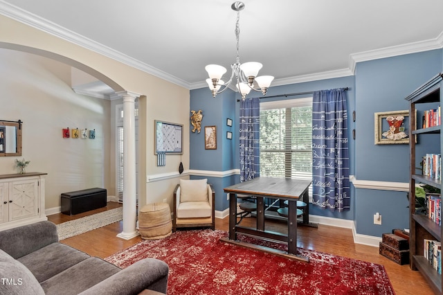 1413 Lily Creek Dr, Cary, NC 27518 - office with arched walkways, wood finished floors, decorative columns, ornamental molding, and a chandelier