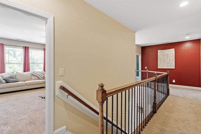 1413 Lily Creek Dr, Cary, NC 27518 - hallway featuring carpet, an upstairs landing, and recessed lighting