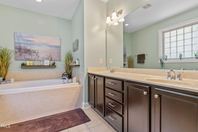 1413 Lily Creek Dr, Cary, NC 27518 - bathroom with double vanity, tile patterned flooring, and a bath