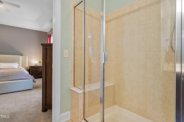 1413 Lily Creek Dr, Cary, NC 27518 - ensuite bathroom with a stall shower and a ceiling fan