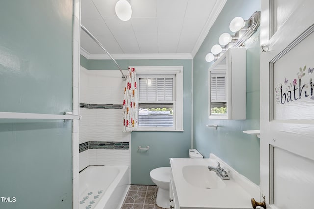2715 E Geer St, Durham, NC 27704 - full bathroom with crown molding, shower / tub combo with curtain, tile patterned flooring, and vanity