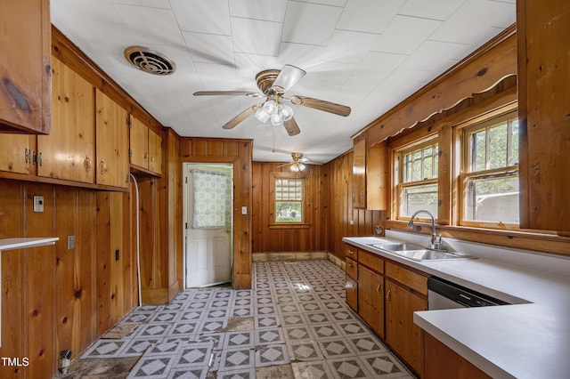 2715 E Geer St, Durham, NC 27704 - kitchen featuring wood walls, brown cabinets, light countertops, light flooring, and a ceiling fan