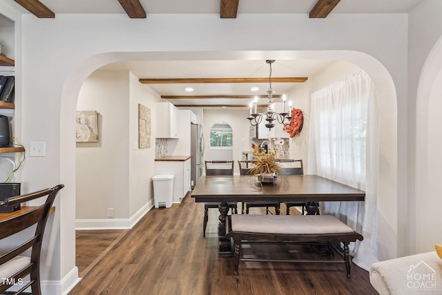 309 E End Ave, Durham, NC 27703 - dining room with beamed ceiling, arched walkways, dark wood-style floors, recessed lighting, and a chandelier