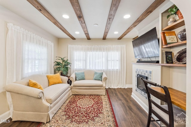 309 E End Ave, Durham, NC 27703 - living room featuring beamed ceiling, a fireplace, dark wood-style flooring, and recessed lighting