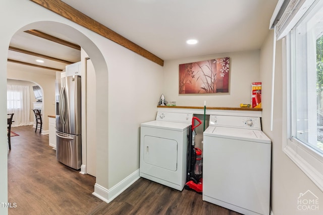 309 E End Ave, Durham, NC 27703 - laundry room featuring independent washer and dryer, arched walkways, dark wood finished floors, healthy amount of natural light, and recessed lighting