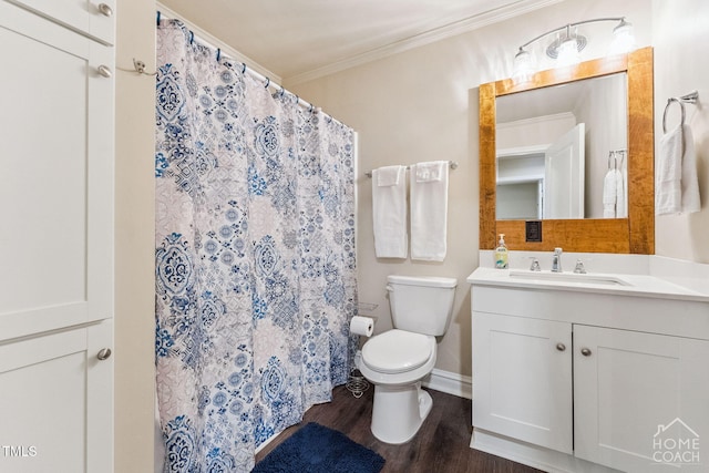 309 E End Ave, Durham, NC 27703 - bathroom featuring vanity, ornamental molding, wood finished floors, and a shower with curtain
