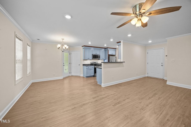 200 Cornerstone Dr, Franklinton, NC 27525 - unfurnished living room with a chandelier, ornamental molding, light wood-style floors, ceiling fan, and recessed lighting