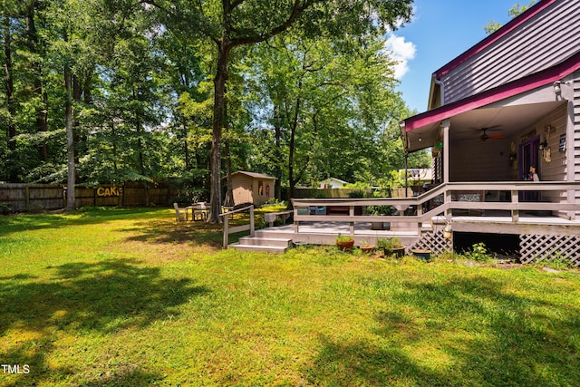 206 Lisa Dr, Carrboro, NC 27510 - fenced backyard with a storage shed, ceiling fan, and a deck