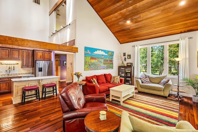206 Lisa Dr, Carrboro, NC 27510 - living area with wooden ceiling, dark wood-style floors, high vaulted ceiling, and recessed lighting