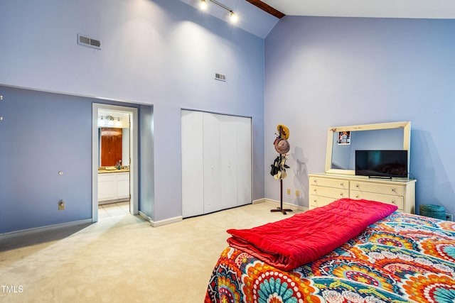 206 Lisa Dr, Carrboro, NC 27510 - bedroom with carpet flooring, high vaulted ceiling, ensuite bathroom, a closet, and track lighting