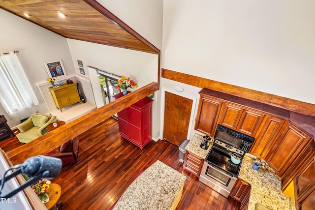 206 Lisa Dr, Carrboro, NC 27510 - living area featuring dark wood-style flooring and high vaulted ceiling