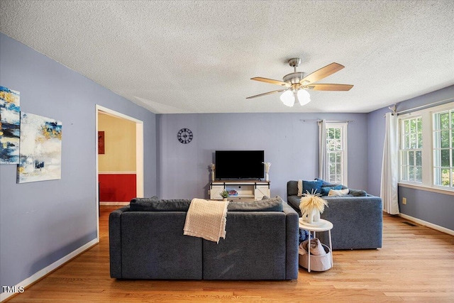 619 Ashe Ave, Cary, NC 27511 - living room featuring light wood-style floors, ceiling fan, and a textured ceiling
