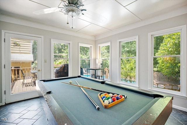 619 Ashe Ave, Cary, NC 27511 - rec room with pool table, plenty of natural light, stone tile floors, and ceiling fan