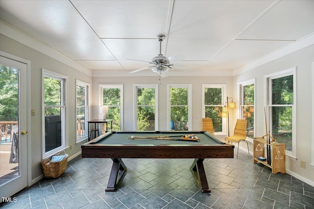 619 Ashe Ave, Cary, NC 27511 - game room with pool table, dark stone finish floors, ceiling fan, and crown molding