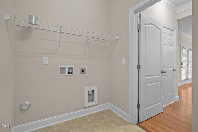 1012 Palace Garden Way, Raleigh, NC 27603 - washroom featuring crown molding, electric dryer hookup, hookup for a washing machine, light tile patterned floors, and hookup for a gas dryer