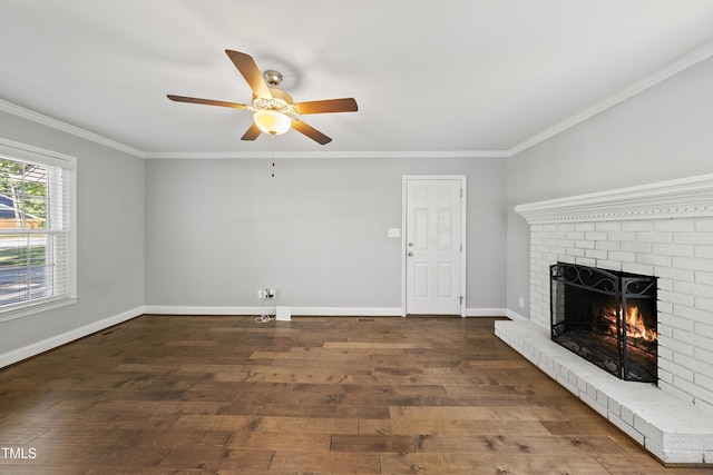 405 E Millbrook Rd, Raleigh, NC 27609 - unfurnished living room featuring a fireplace, a ceiling fan, crown molding, and wood finished floors