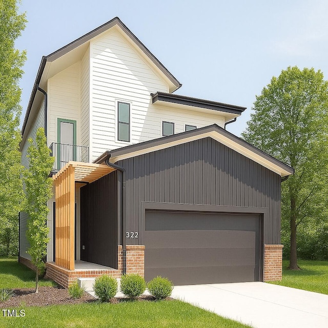 322 S Dixon Ave Unit R, Cary, NC 27511 - contemporary home featuring brick siding, a garage, a balcony, and concrete driveway