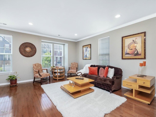 215 Brier Summit Pl, Durham, NC 27703 - living room with plenty of natural light, crown molding, dark wood-style floors, and recessed lighting